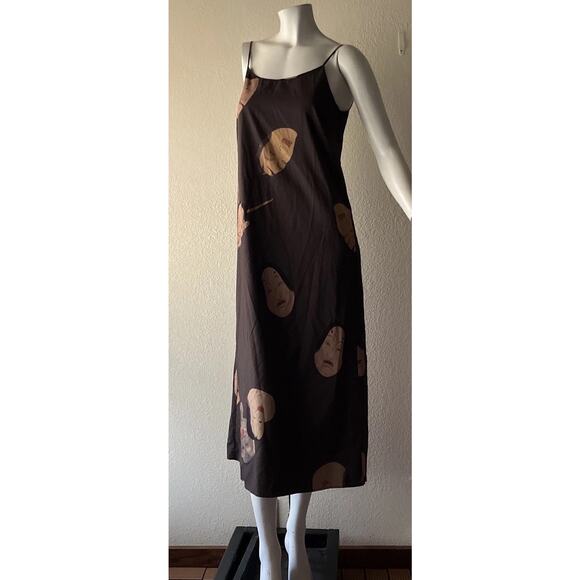 Japanese Noh Faces Brown Midi Slip Dress Fall Japanese Art Wear Lagenlook Medium - Picture 9 of 16